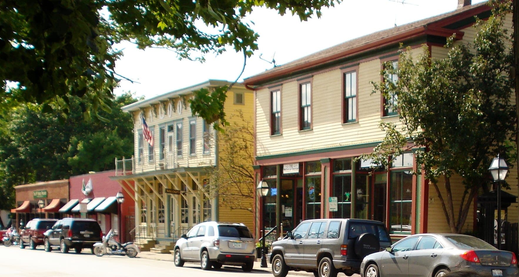 Historic brick storefronts in the Village of East Davenport neighborhood in Davenport, Iowa